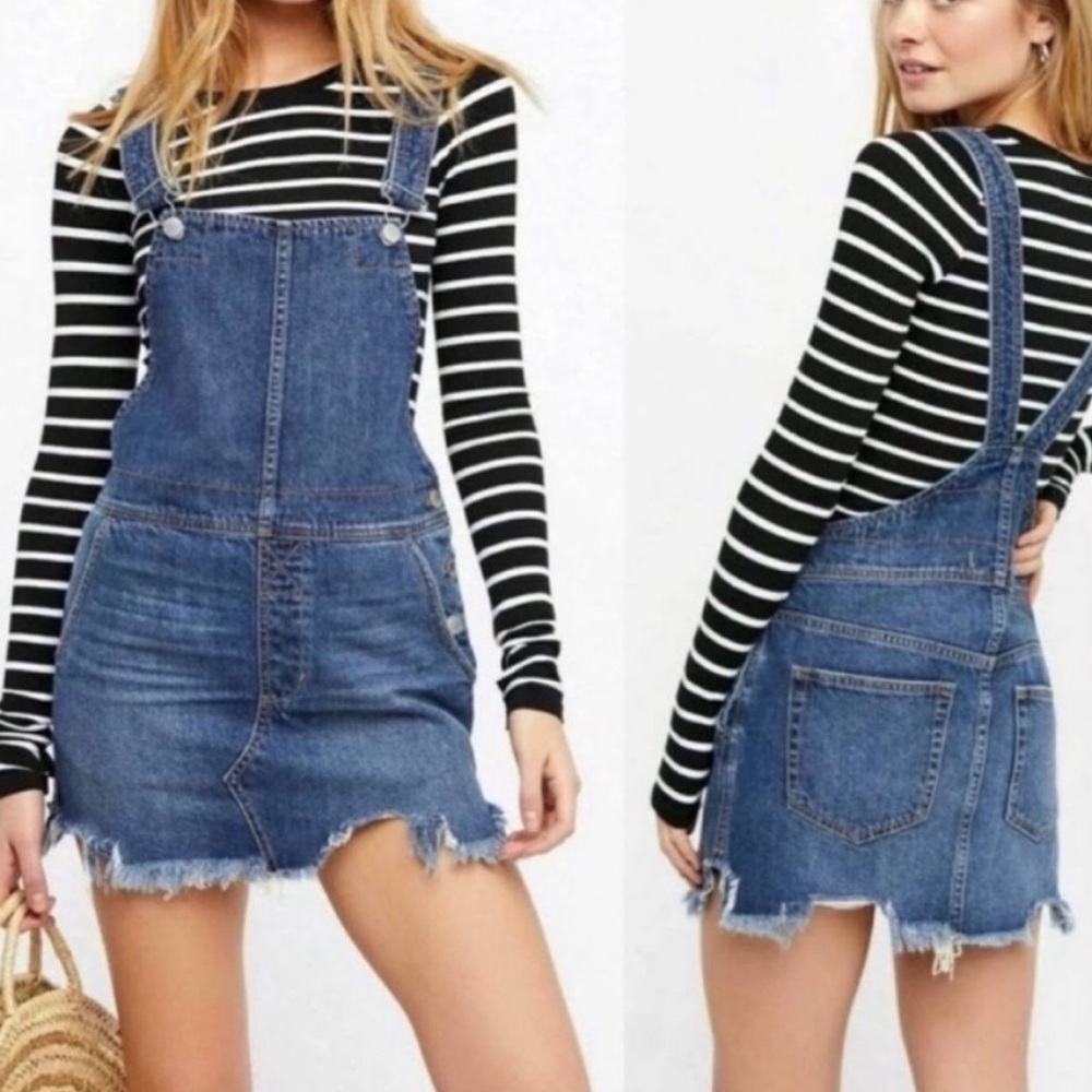 Free People Blue Denim Distressed Overalls Dress